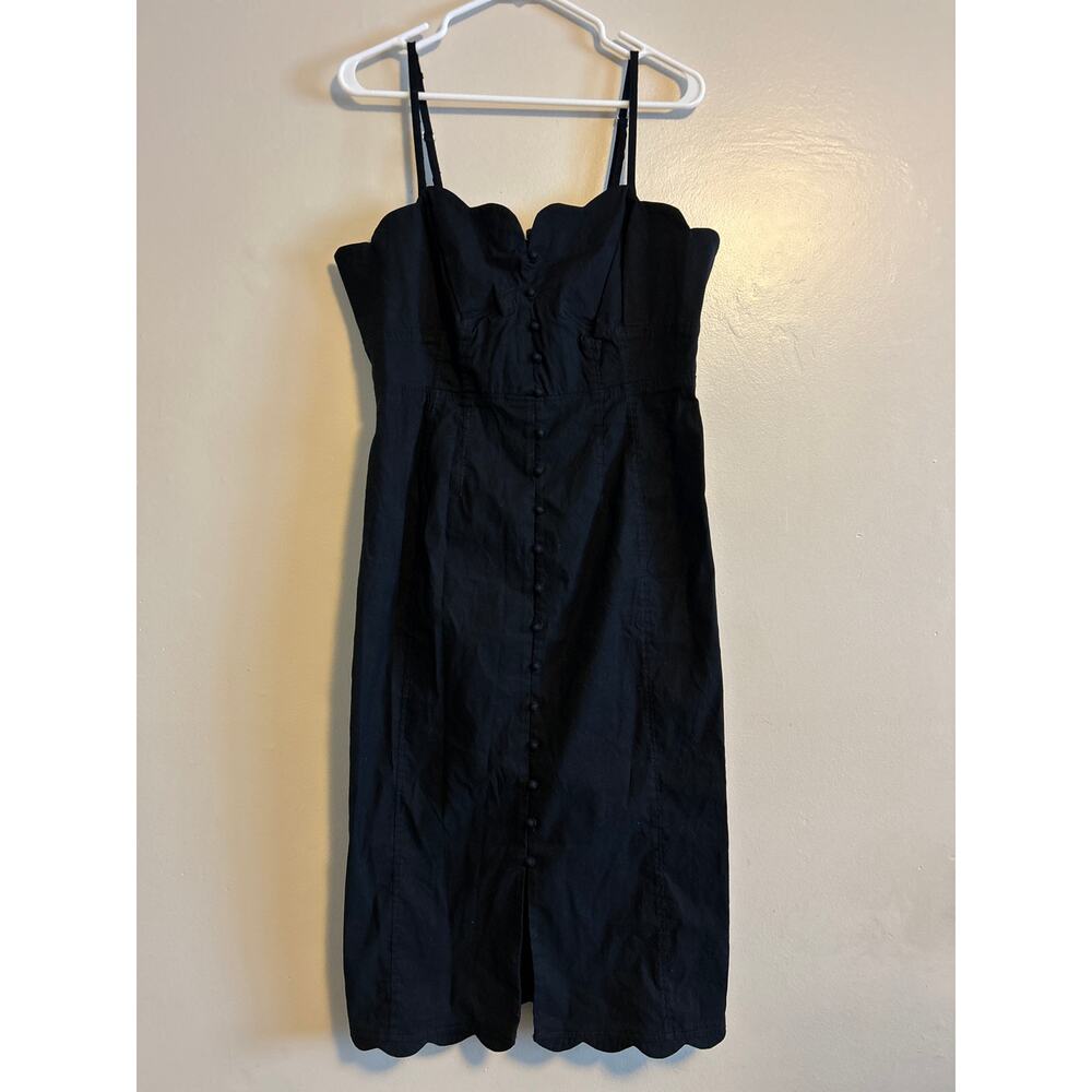 Anthropologie Black Linen Blend Midi Dress Medium Button Front Scalloped Hem